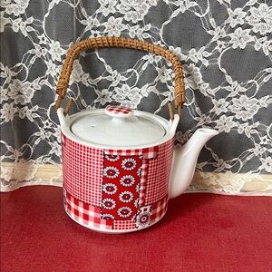 VintageRed and White gingham Teapot with Wicker Handle